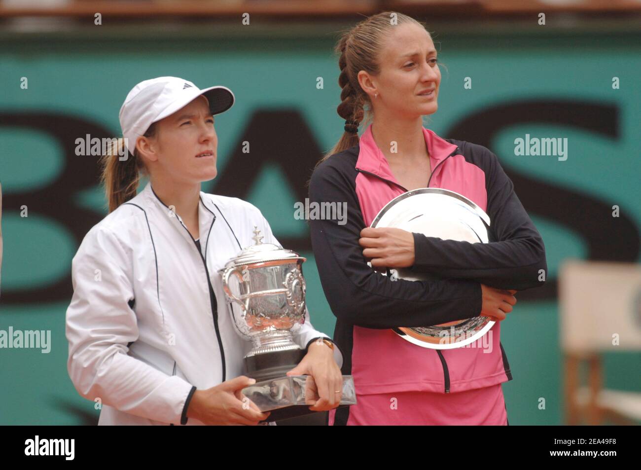 Belgian Justine Henin-Hardenne defeats French Mary Pierce 6-1, 6-1 in the Final of the French Tennis open at Roland Garros arena in Paris, on June 4, 2005. Photo by Gorassini-Zabulon/CAMELEON/ABACA. Stock Photo