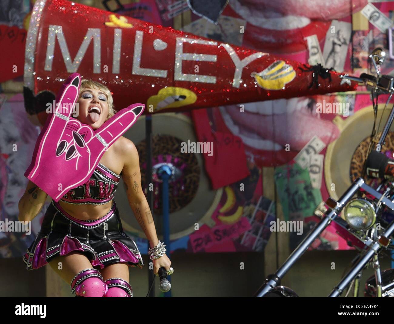 Tampa, United States. 07th Feb, 2021. Recording artist Mylie Cyrus performs during the Tic Tok Tailgate party prior to Super Bowl LV at Raymond James Stadium in Tampa, Fla. on Sunday, February 7, 2021. Photo by John Angelillo/UPI Credit: UPI/Alamy Live News Stock Photo