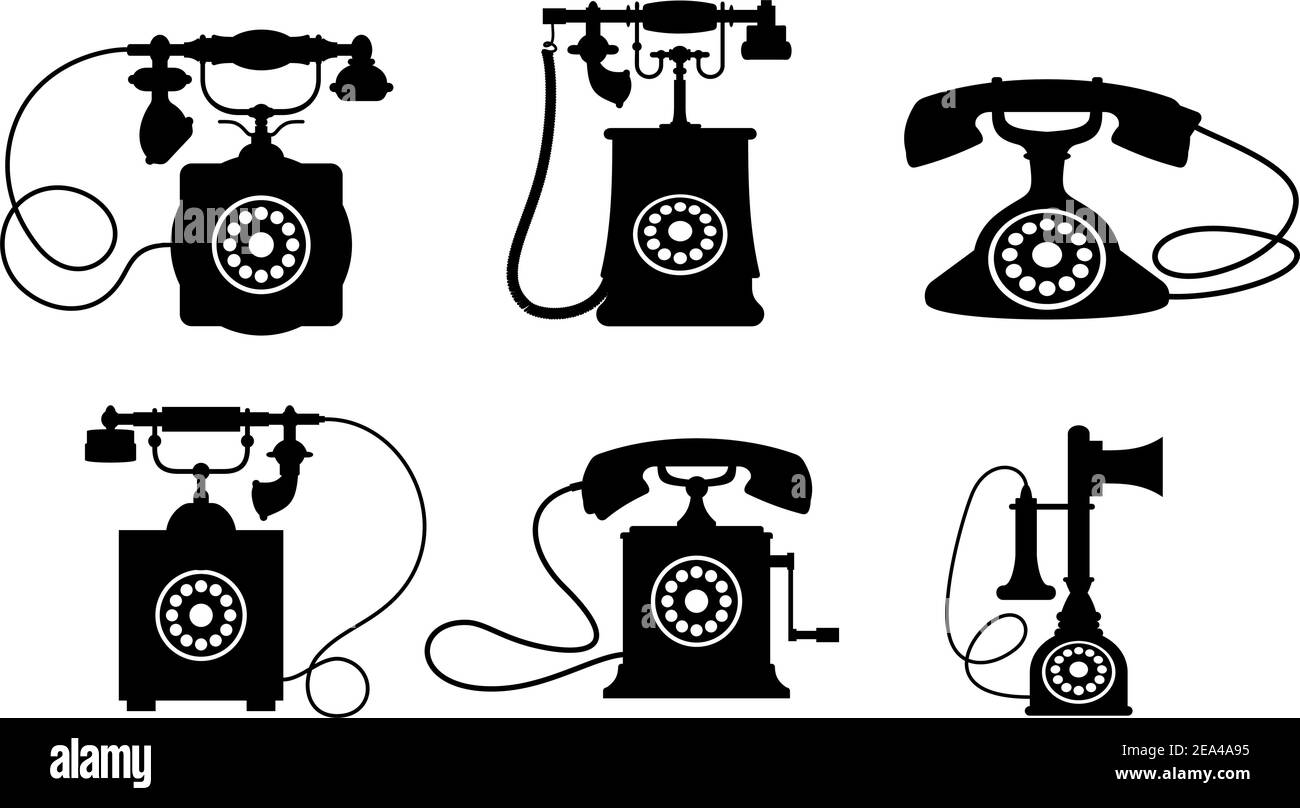 Set of old vintage telephones isolated on white background for