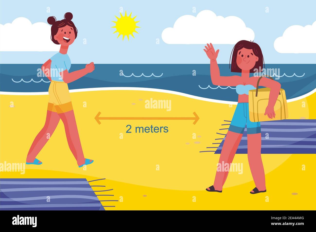 An illustration of people in masks keeping social distance at the beach ...