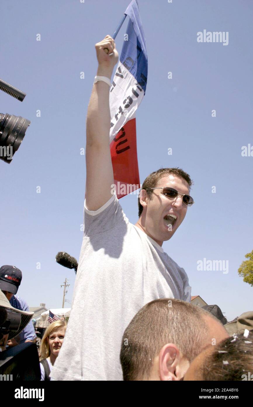 A French fan of Michael Jackson screams for the media as the final innocent verdict is read outside the Santa Maria, CA Courthouse on June 13, 2005. Photo By Mark Velasquez/ABACA Stock Photo