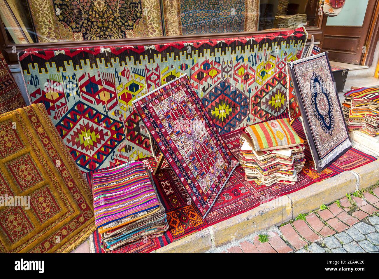 Handmade carpets on open market bazaar in Istanbul, Turkey in a
