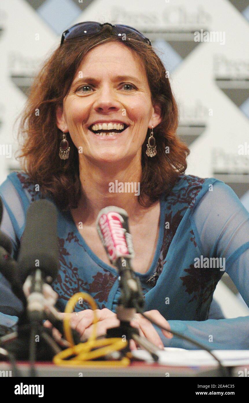 Former hostage in Iraq, journalist Florence Aubenas, holds a press  conference in Paris, Tuesday, June 14, 2005, two days after her homecoming.  The veteran French reporter described to the media the agony