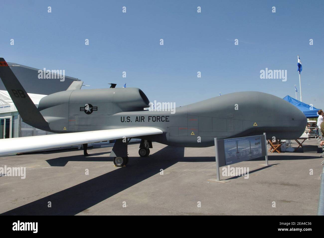 A US drone on display at the 46th 'Paris Air Show' or 'Salon du Bourget' near Paris on June 14, 2005, an exhibition dominated by the Airbus-Boeing commercial war, as well as by the return of the U.S. firms and the first 'exhibition' of the super giant airliner Airbus A380. Photo by Ammar Abd Rabbo/ABACA Stock Photo