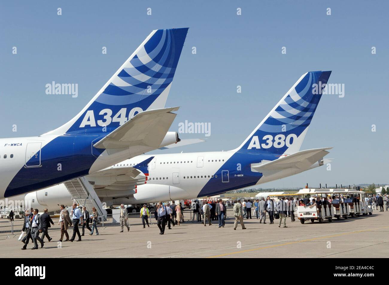 The new super-jumbo Airbus A380 and the A340 on display at Le Bourget airport at Le Bourget Paris Air Show, June 14, 2005. Boeing overtook Airbus in the race for aircraft orders, grabbing the lion's share of their combined 10.4 billion dollars (8.6 billion euros) in deals announced in the first two days of the Paris Air Show. Photo by Ammar Abd Rabbo/ABACA Stock Photo