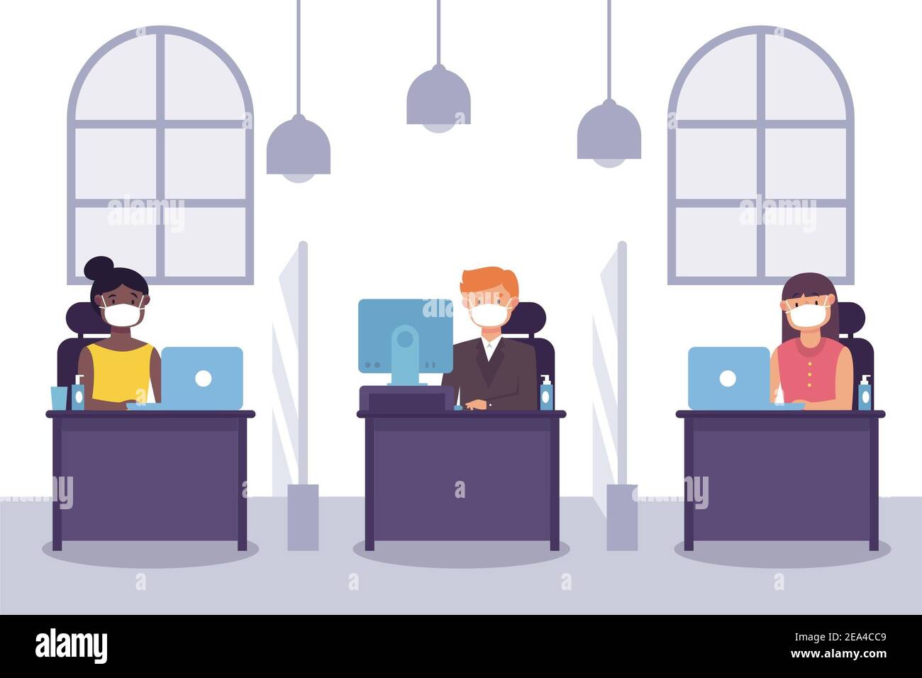 An illustration with people keeping social distance at a work Stock ...