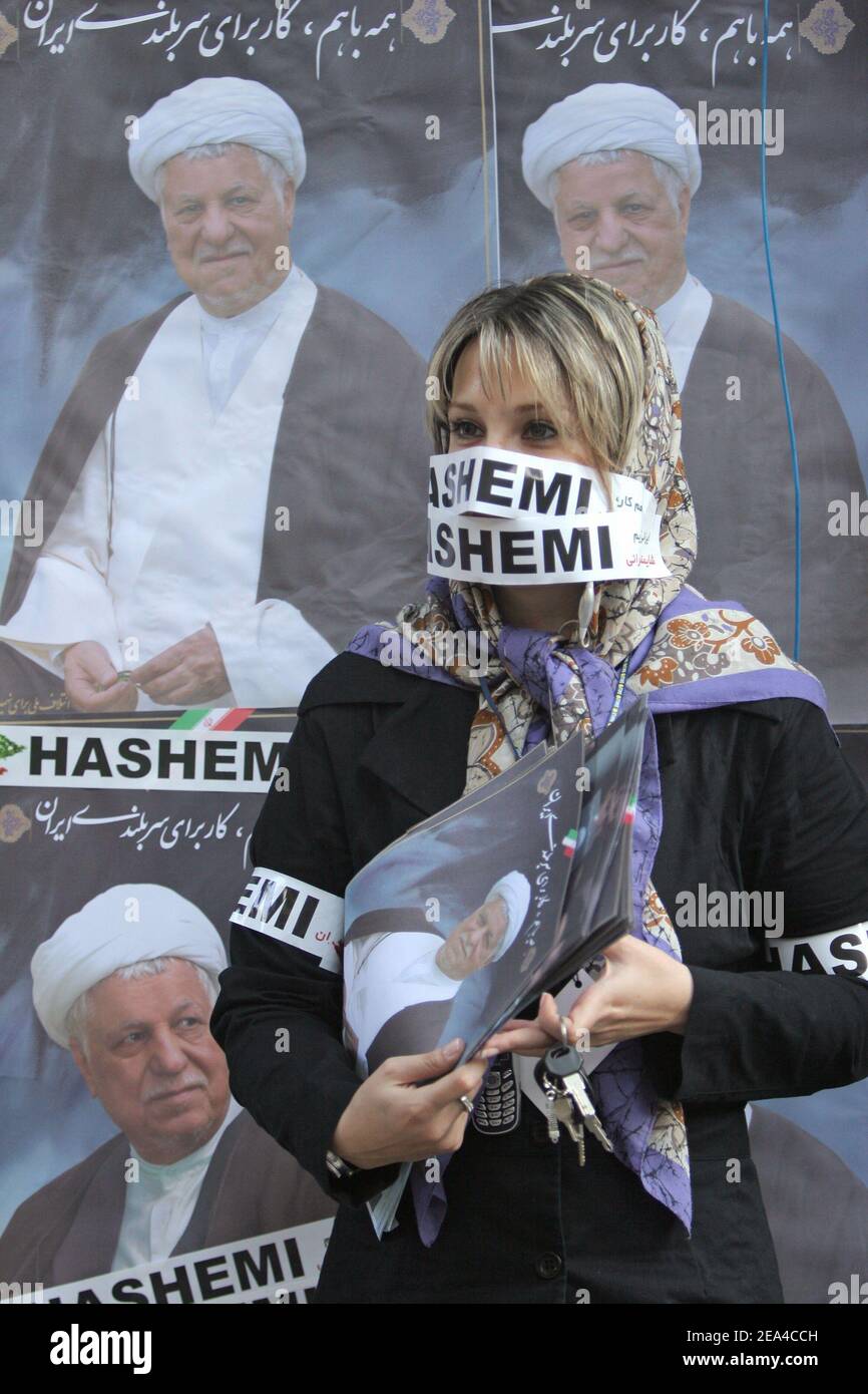 Iranian supporters of Iranian presidential candidate Akbar Hashemi Rafsanjani in Tehran, Iran, on June 15, 2005. Photo by ABACA Stock Photo