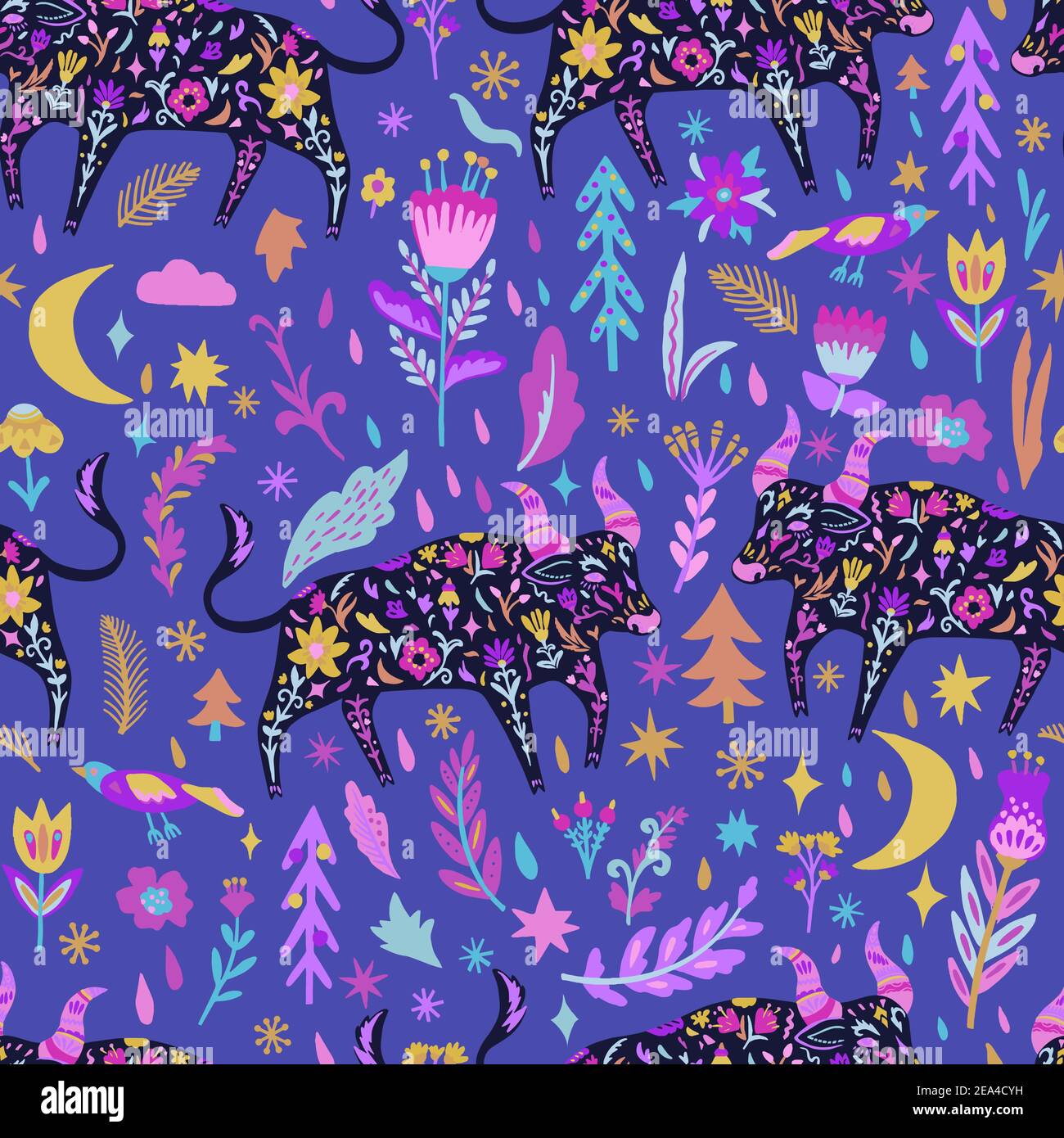 Colorful doodle seamless pattern with ox and flowers.  Stock Vector