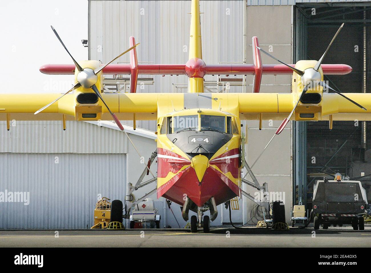 A Canadair CL-415 firebomber on its air base in Marignane, near Marseille,  southern France, on June 20, 2005. The Bombardier Aerospace Canadair CL-415  water bomber is powered by two Pratt & Whitney