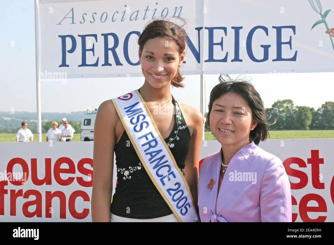 Miss France 2005 Cindy Fabre and French president Jacques Chirac's adoptive daughter Anh Dao Traxel pictured at the annual charity meeting for the benefit of the association 'Perce-Neige' created by late actor Lino Ventura, in Moulins-la-Marche, Normandy-France on June 26, 2005. Photo by Benoit Pinguet/ABACA. Stock Photo