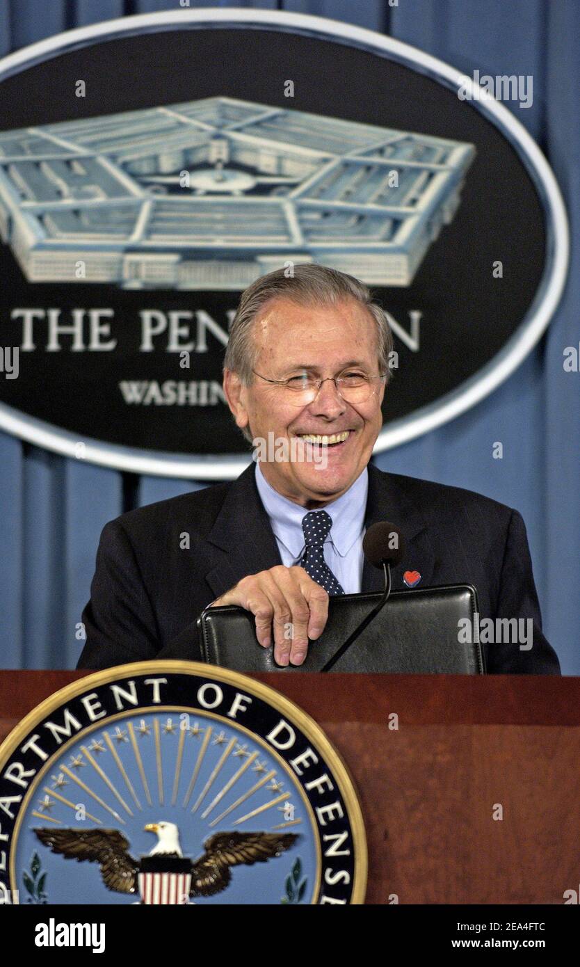 Defense Secretary Donald H. Rumsfeld responds to reporter's questions during a press conference with Commanding General, Multi-National Force-Iraq Gen. George W. Casey about U.S. military strategy in Iraq at the Pentagon, June 27, 2005. DoD photo by Tech. Sgt. Cherie A. Thurlby, U.S. Air Force/ABACAPRESS.COM Stock Photo