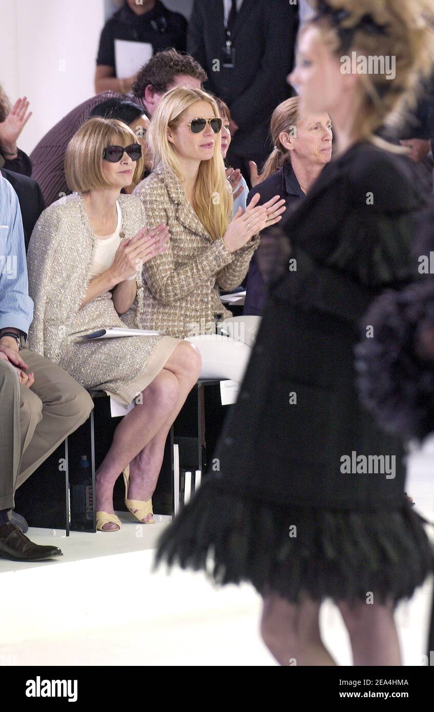 Vogue chief editor Anna Wintour and US actress Gwyneth Paltrow attend the  presentation of German fashion designer Karl Lagerfeld for Chanel 2005-2006  Fall-Winter Haute-Couture collection in Paris, France, on July 7, 2005.