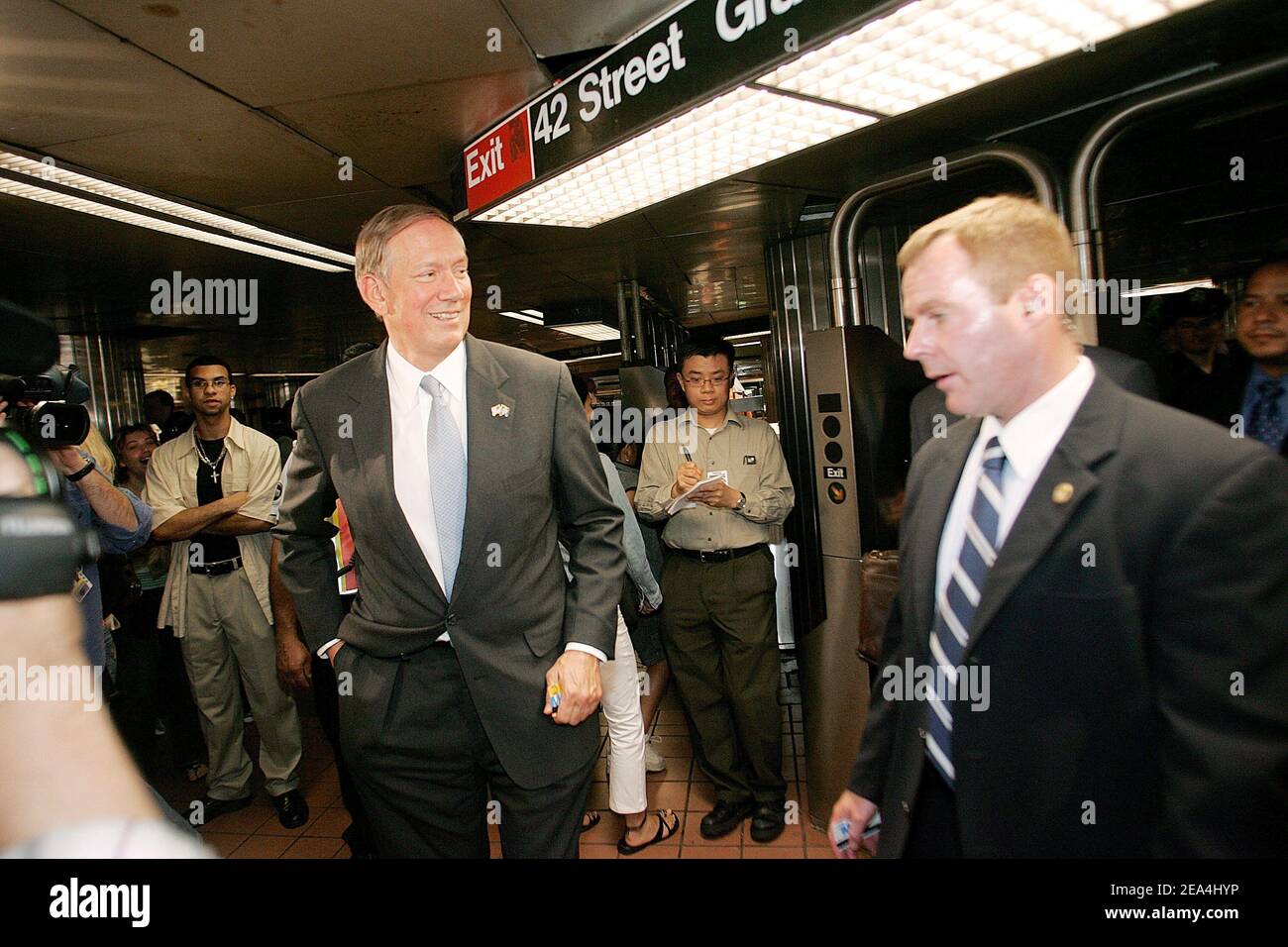 New York State Governor, George Pataki rides a subway in Manhattan, New ...