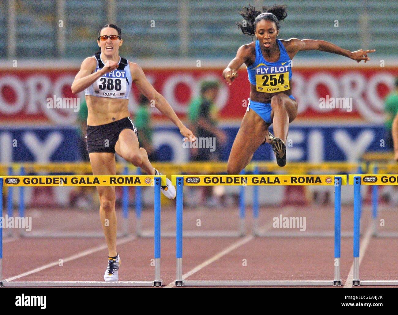 Us athlet Lashinda Demus performs in front of Australian athlet Jana Pittman 400 m hurdles women during IAAF meeting Golden League, Rome, Italy, on July 8, 2005. Photo