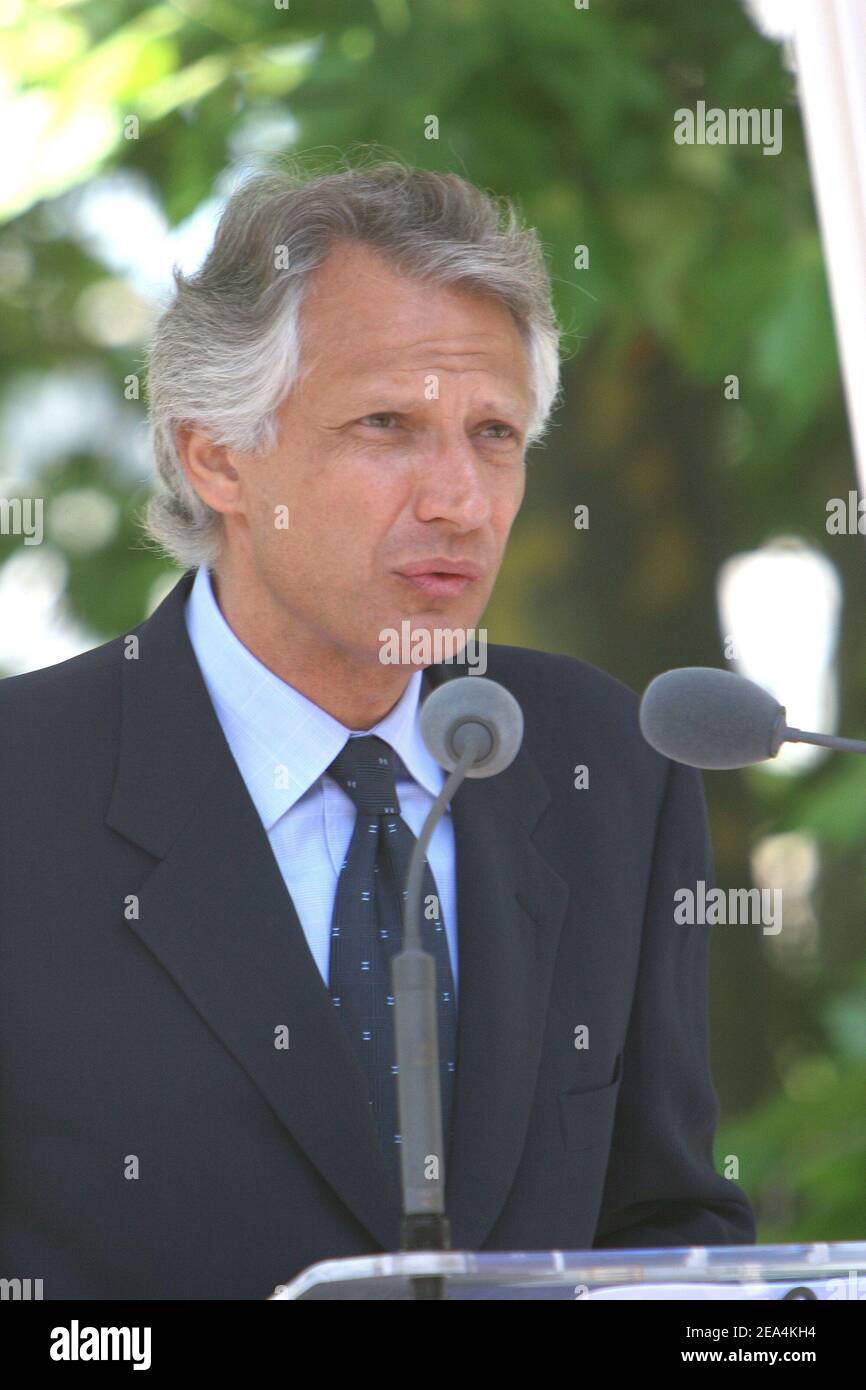 French Prime Minister Dominique de Villepin delivers his speech in Paris, on July, 17, 2005, during ceremonies marking the 63rd anniversary of a roundup of Jews by Vichy regime, in Vel d'Hiv. Villepin said his government would work tirelessly to fight anti-Semitism and all hate crimes. Photo by Mousse/ABACAPRESS.COM Stock Photo