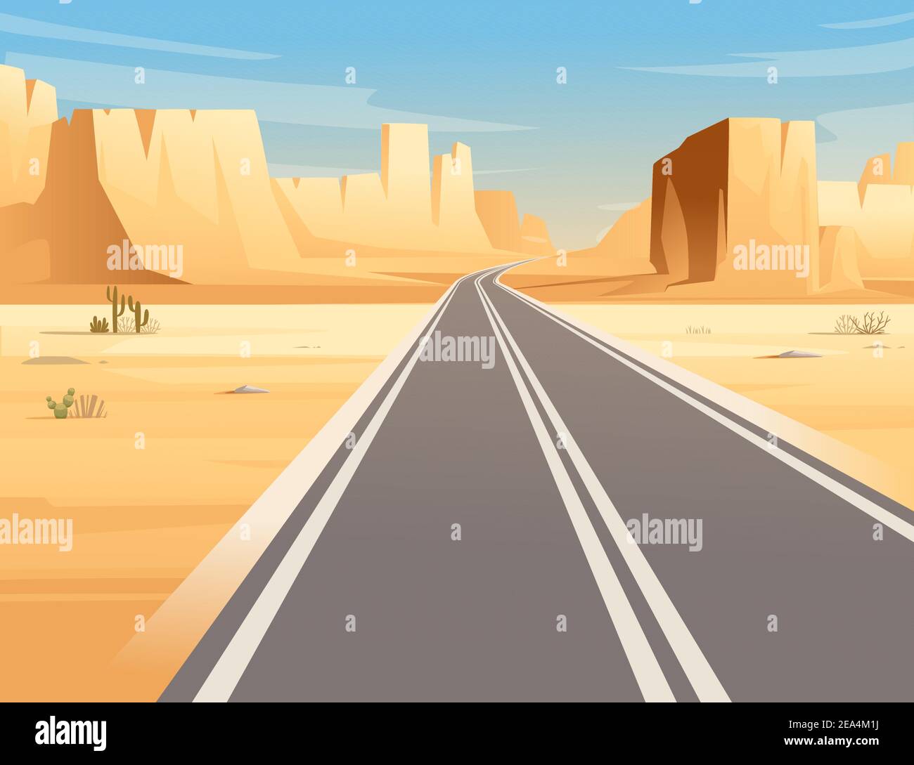 Road to highway in desert landscape with empty road and flat mountains sunny day with clear sky vector illustration Stock Vector