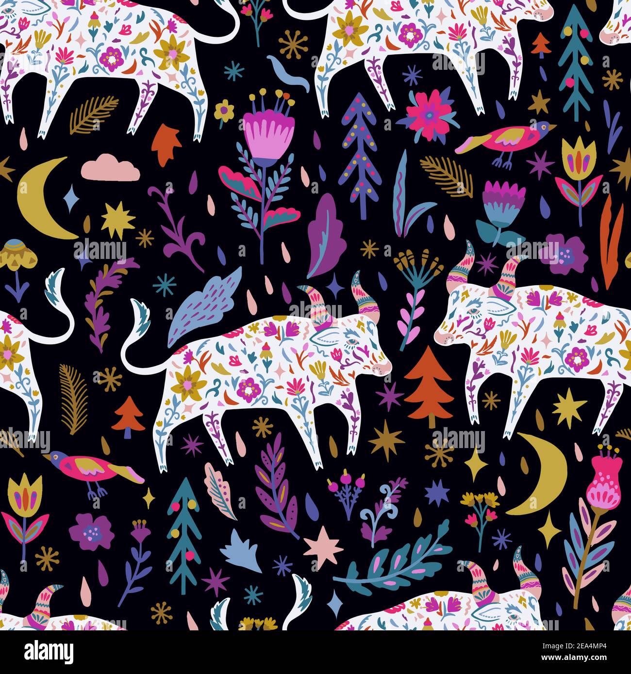 Colorful doodle seamless pattern with ox and flowers.  Stock Vector