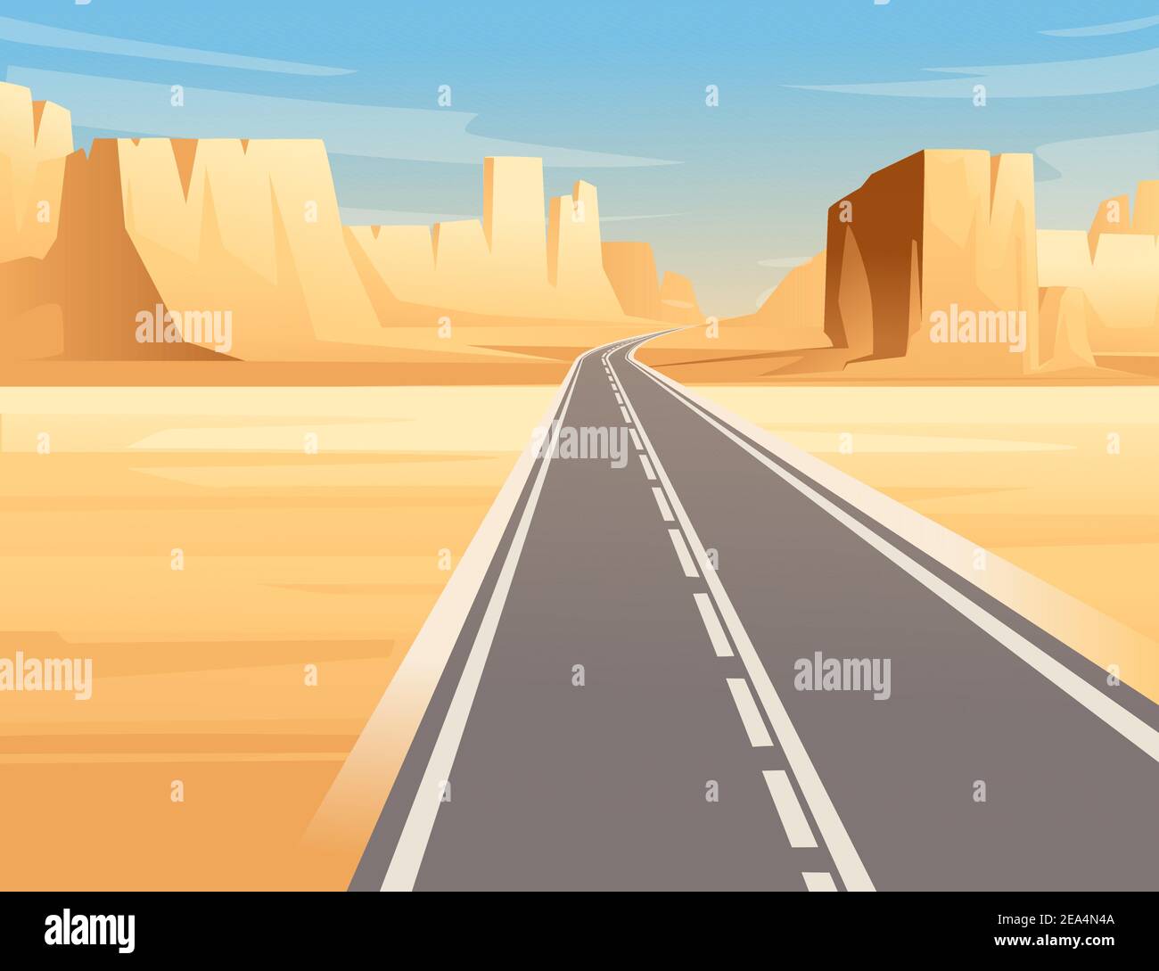 Road to highway in desert landscape with empty road and flat mountains sunny day with clear sky vector illustration Stock Vector