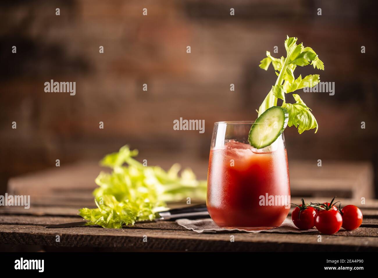 Classic bloody mary or virgin mary vodka cocktail in a cup with as a