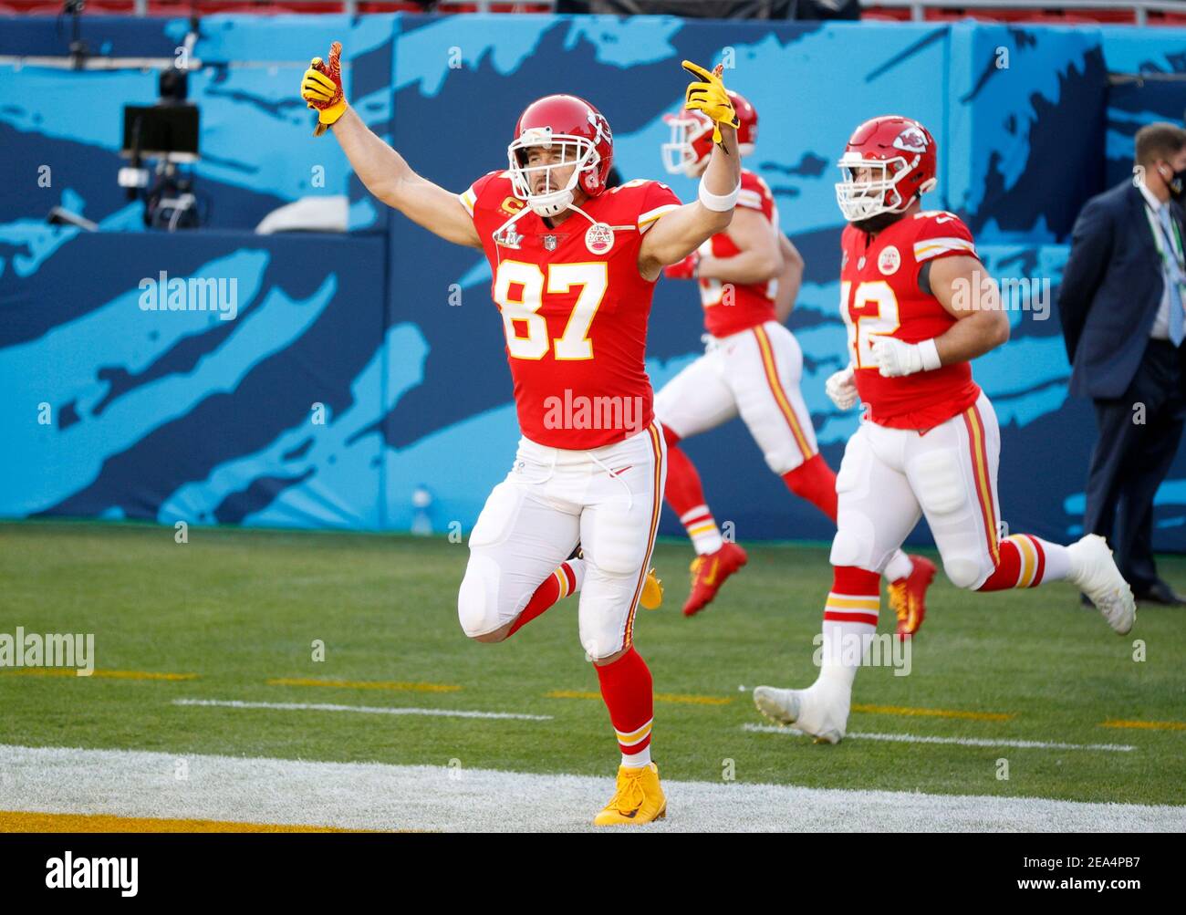 Travis Kelce of the Kansas City Chiefs scores a three yard touchdown