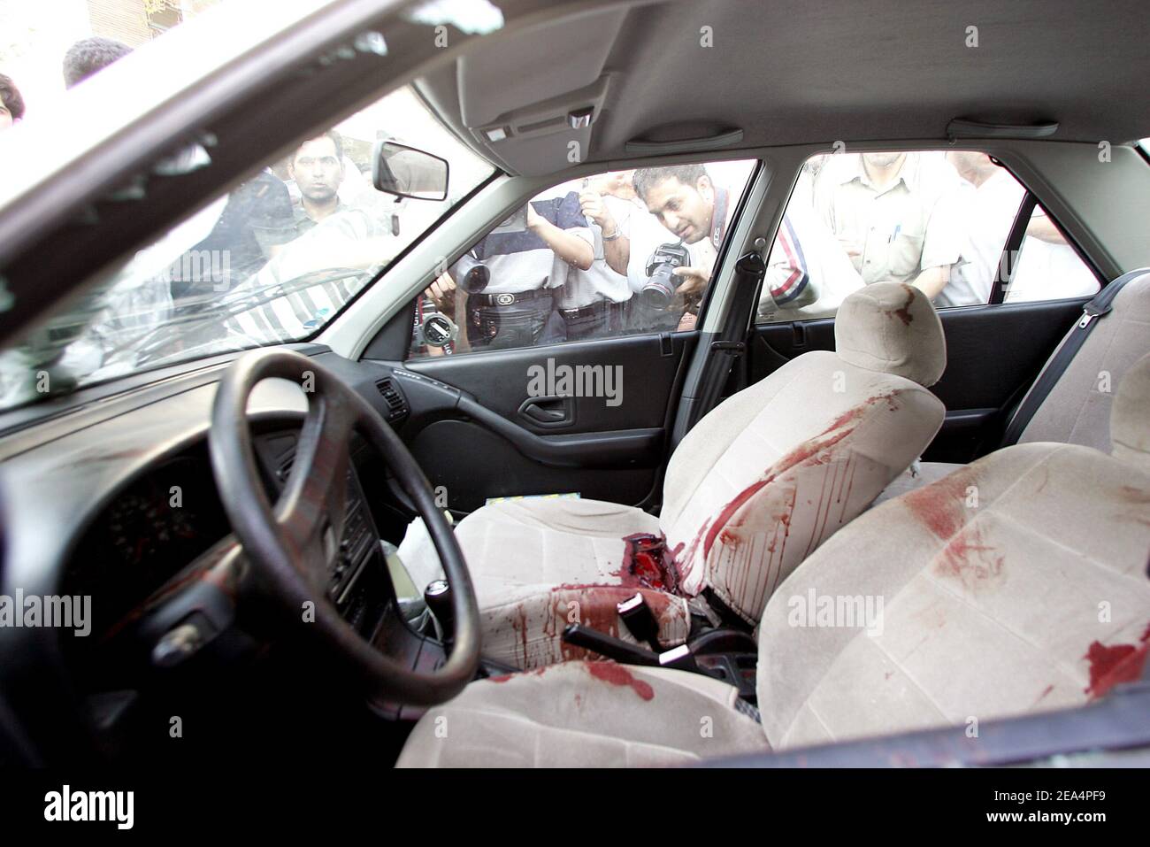 Picture shows the blood stained car of Iranian magistrate Massoud Moghaddas, after his assassination in Tehran, Iran, on August 2, 2005. Moghaddas, who has given verdicts in high-profile political cases, including that of jailed dissident Akbar Ganji, was murdered in broad daylight on a Tehran street. Photo by ABACAPRESS.COM. Stock Photo