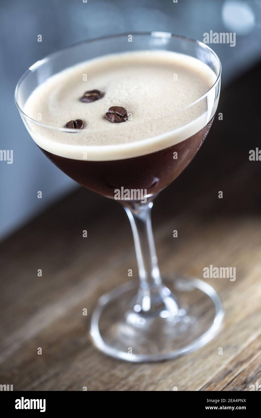 Espresso martini vodka short drink as a coffee cocktail inclduing coffee liqueur and vanilla