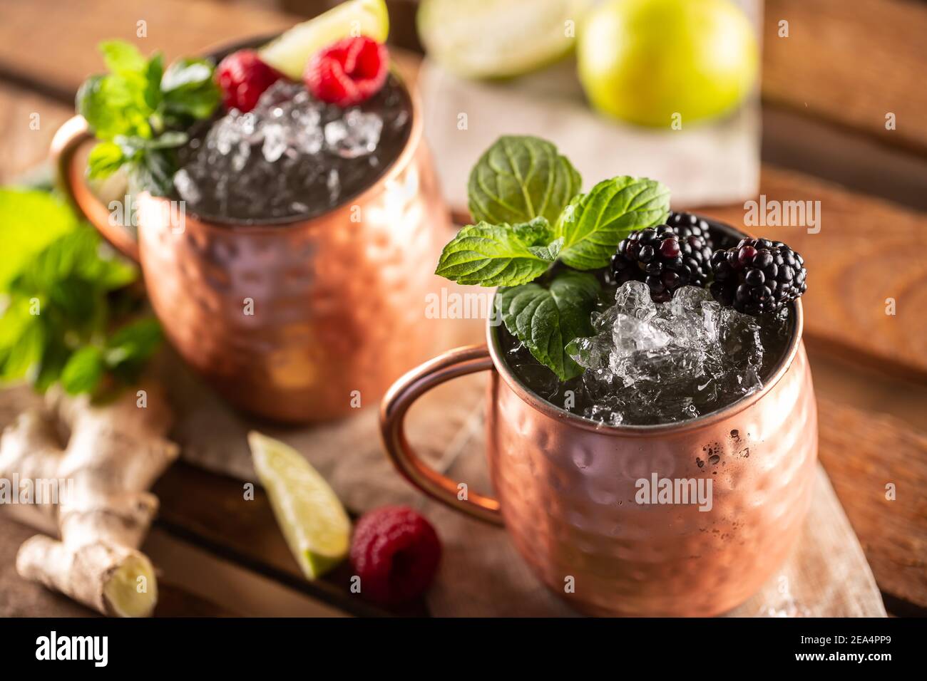 Moscow Berry Mule highball vodka cocktail is a long drink with fresh lime juice, ginger beer and berries. Stock Photo