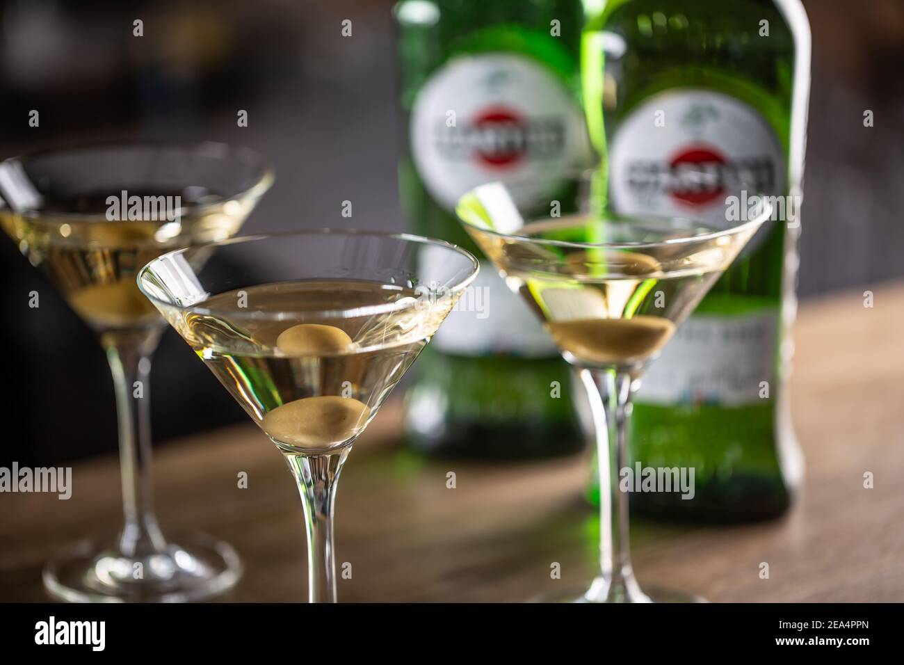 Dry Martini short drink cocktail with gin, dry vermouth and an olive