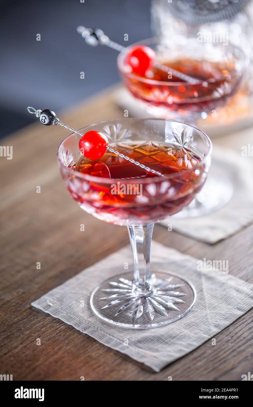 Manhattan classic cocktail as a short drink aperitif with whisky