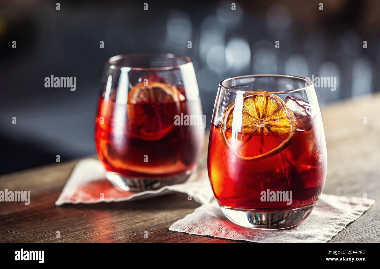 Negroni classic cocktail and gin short drink with sweet vermouth, red