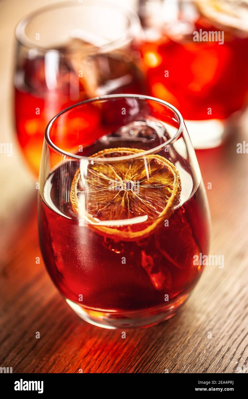 Negroni classic cocktail and gin short drink with sweet vermouth, red