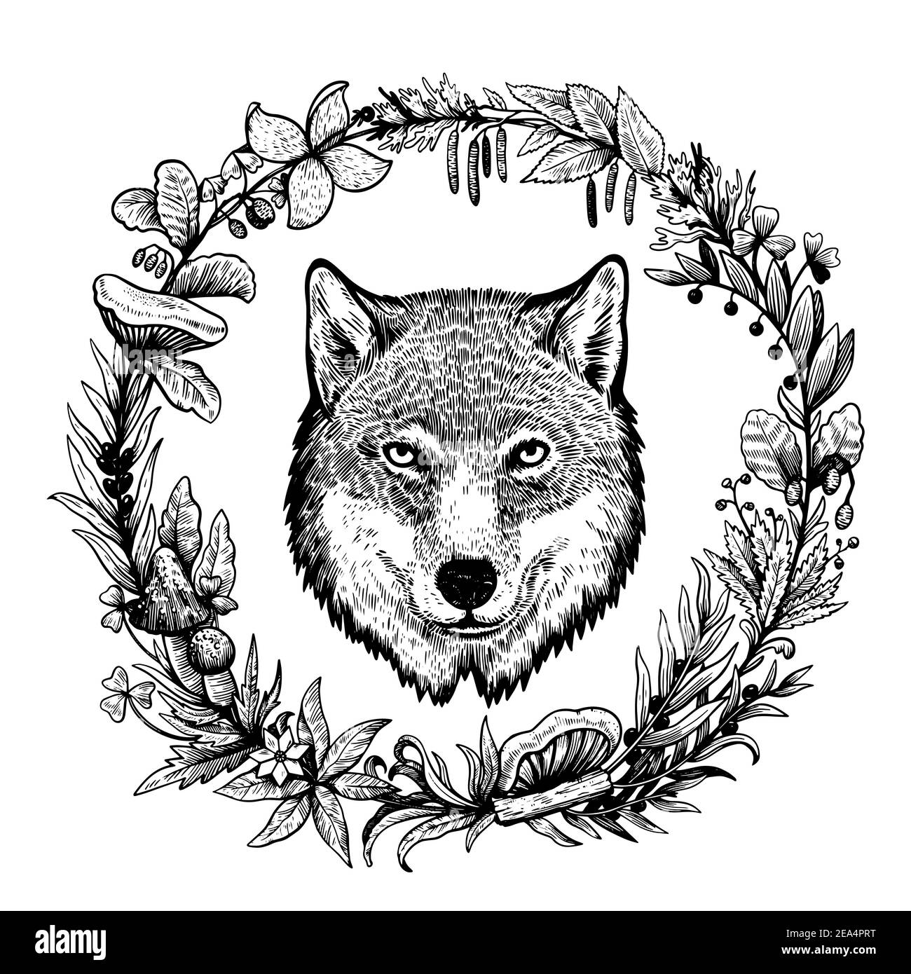 Wolf portrait with the floral wreath of forest plants and mushrooms. Stock Vector