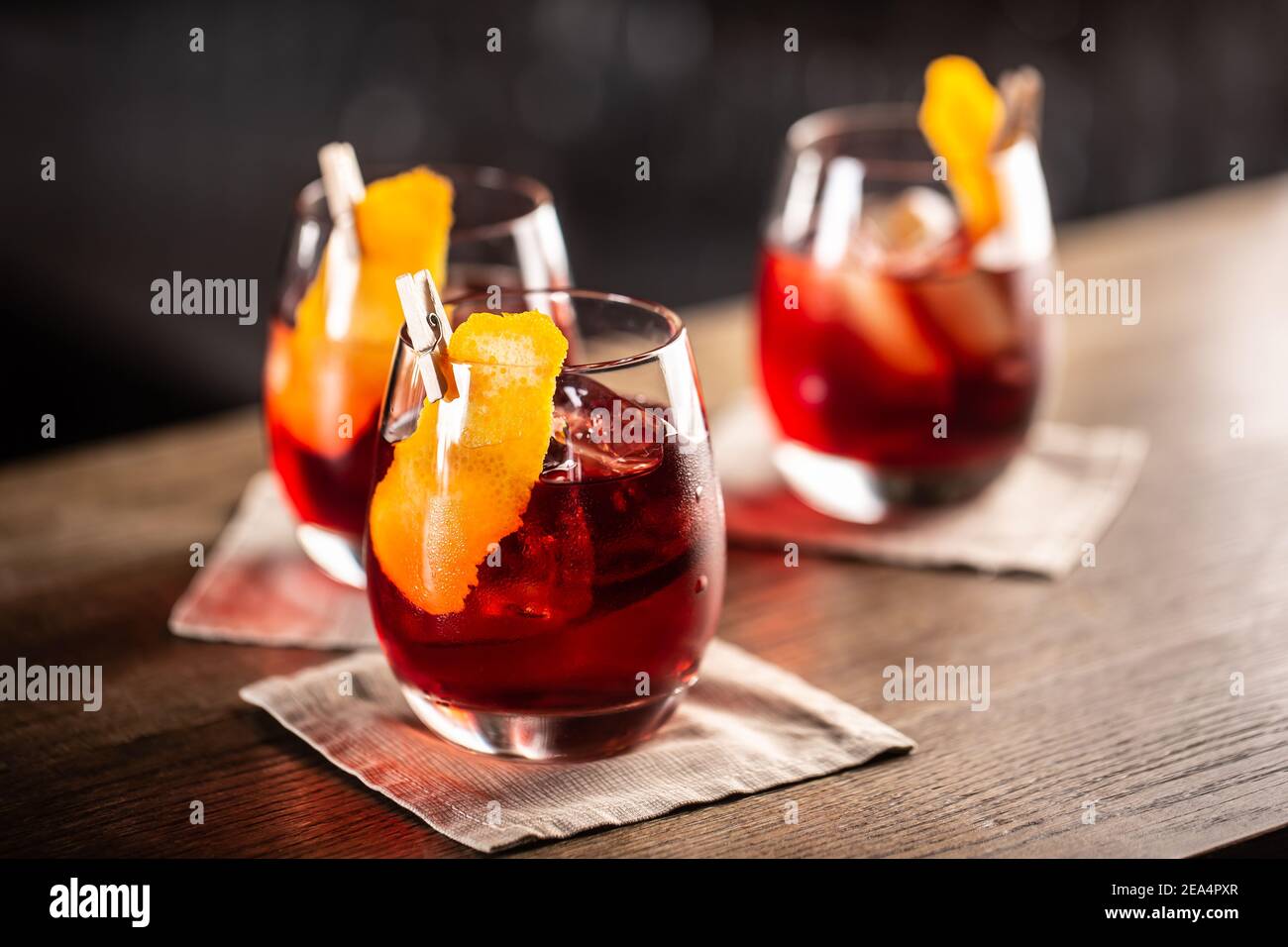 Negroni classic cocktail and gin short drink with sweet vermouth, red bitter liqueur and dried