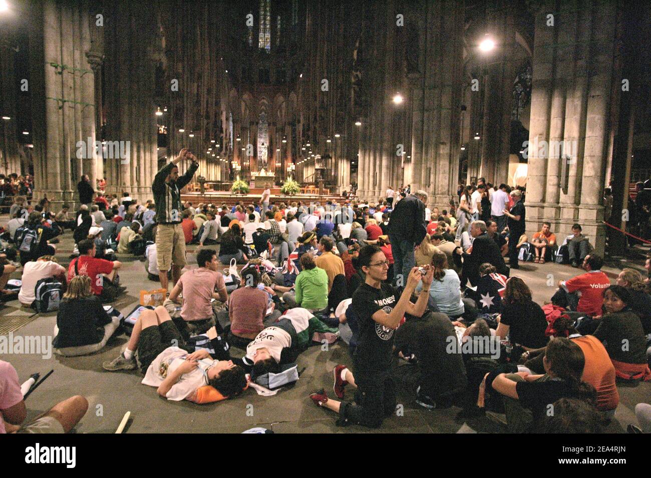 Thousands of pilgrims streamed into the west German city of Cologne on Wednesday, August 17, 2005, for the Roman Catholic Church's 20th World Youth Day, visiting the city's historic cathedral and awaiting a four-day visit from Pope Benedict XVI scheduled to arrive on August 18. Photo by Douliery-Zabulon/ABACAPRESS.COM. Stock Photo