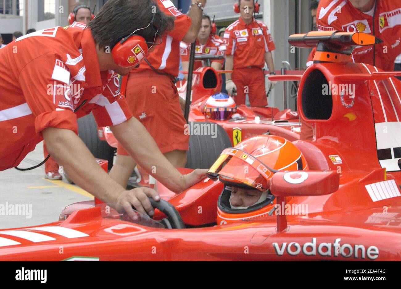 German Formula 1 driver Michael Schumacher (team Ferrari) during a free practice session at Istanbul Park race track in Istanbul, the venue of Turkey's first-ever Formula One race, August 19, 2005. The Turkish Formula One Grand Prix will take place on August 21, 2005. Photo by Thierry Gromik/ABACAPRESS.COM Stock Photo