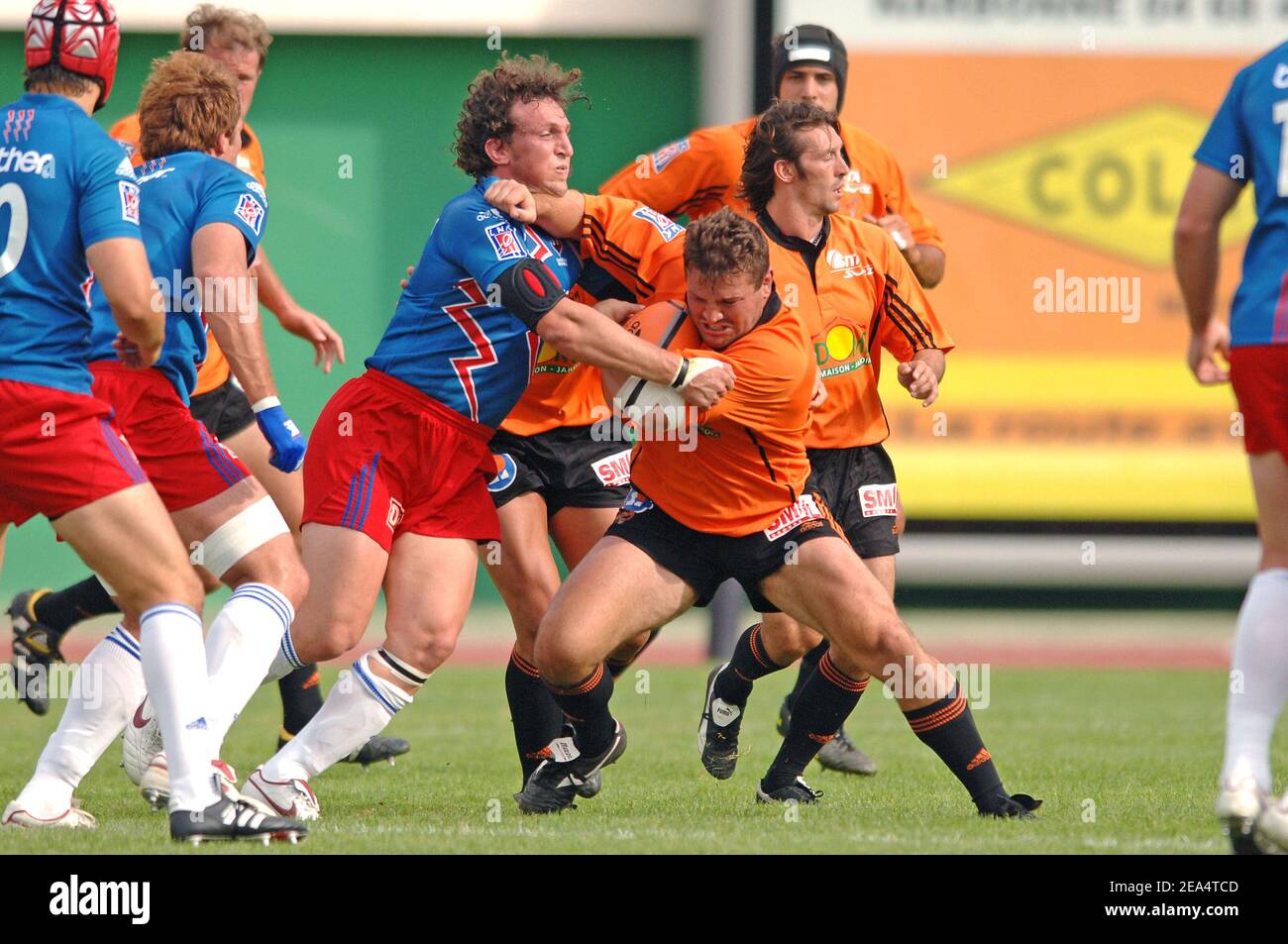 Narbonne rugby team against Stade Francais rugby team during the first day  of the TOP 14 match, Racing club Narbonne Mediterrannee won 26/20 against  Stade Francais, in Narbonne, South of France, on