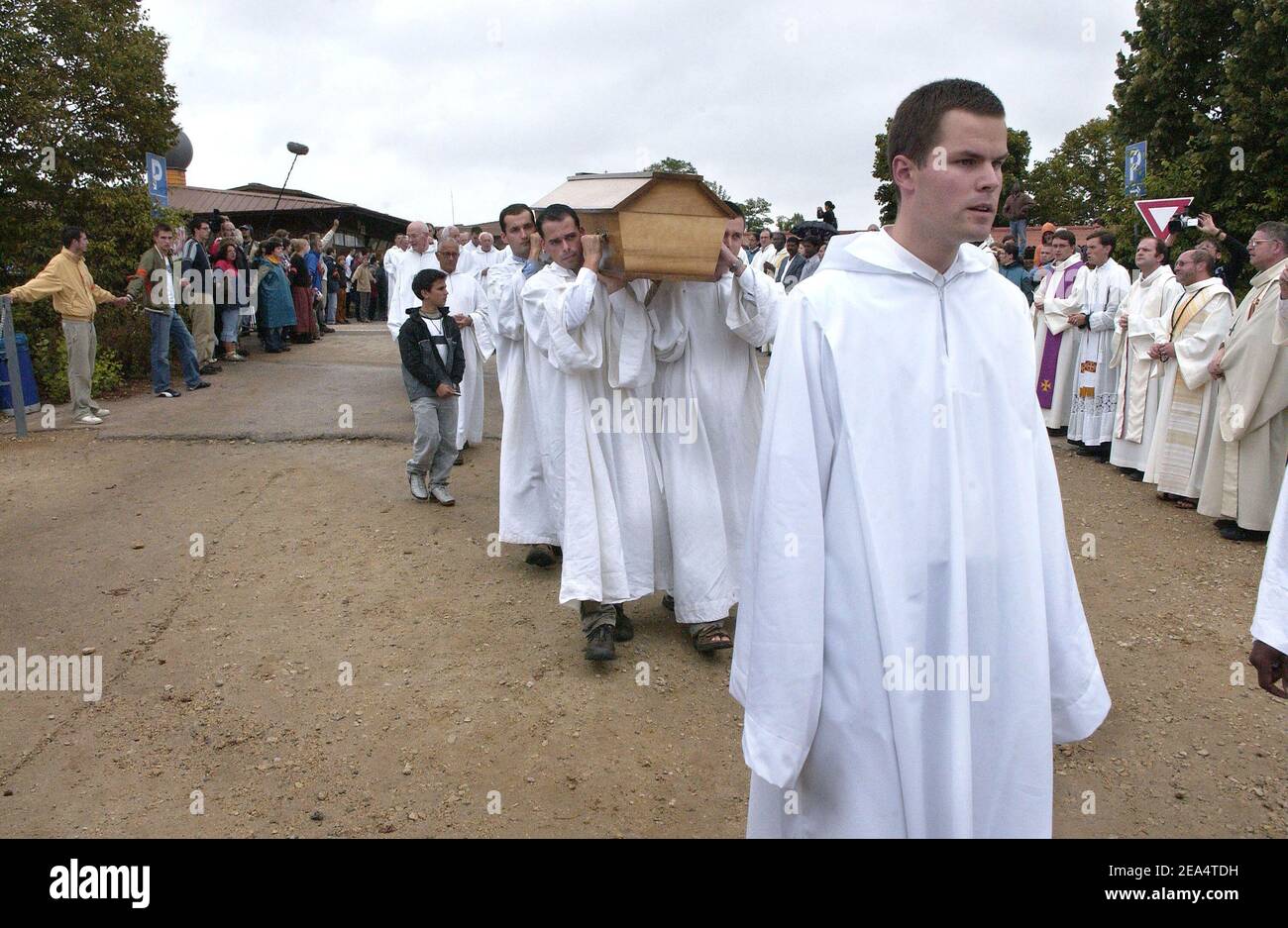 The funeral of Brother Roger Schutz, the leader of the Taize ecumenical community, held at the community's Reconciliation church in Taize, central France, on August 23, 2005. Brother Roger, 90, was slain last week when a 36-year-old mentally disturbed Romanian woman slit his throat in front of 2,500 pilgrims praying at the church. Photo by Bruno Klein/ABACAPRESS.COM Stock Photo