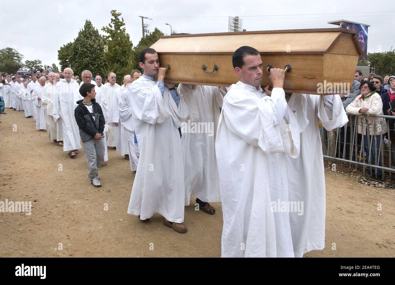 The funeral of Brother Roger Schutz, the leader of the Taize ecumenical community, held at the community's Reconciliation church in Taize, central France, on August 23, 2005. Brother Roger, 90, was slain last week when a 36-year-old mentally disturbed Romanian woman slit his throat in front of 2,500 pilgrims praying at the church. Photo by Bruno Klein/ABACAPRESS.COM Stock Photo