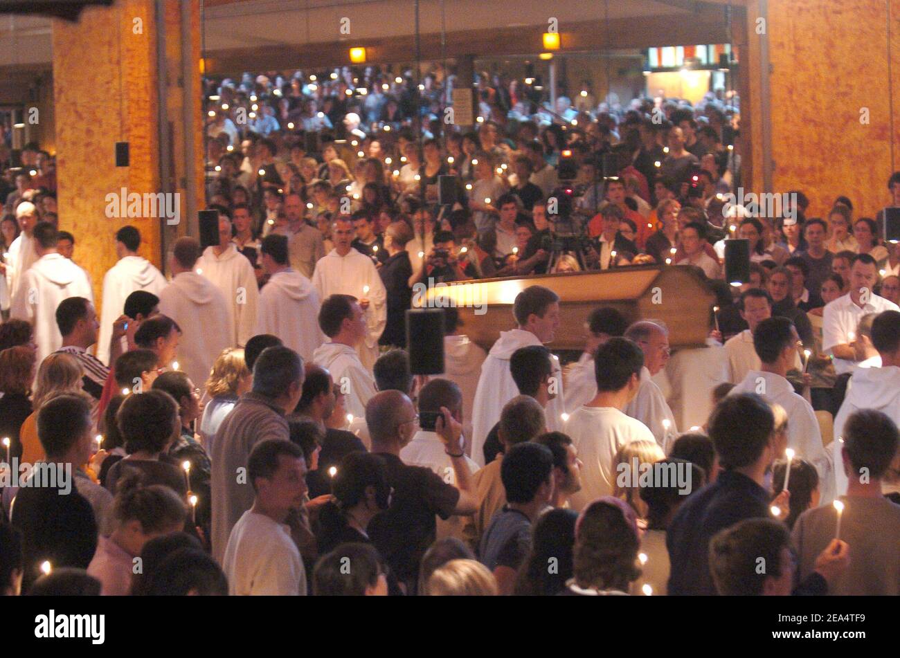 The funeral of Brother Roger Schutz, the leader of the Taize ecumenical community, held at the community's Reconciliation church in Taize, central France, on August 23, 2005. Brother Roger, 90, was slain last week when a 36-year-old mentally disturbed Romanian woman slit his throat in front of 2,500 pilgrims praying at the church. Photo by Bruno Klein/ABACAPRESS.COM Stock Photo