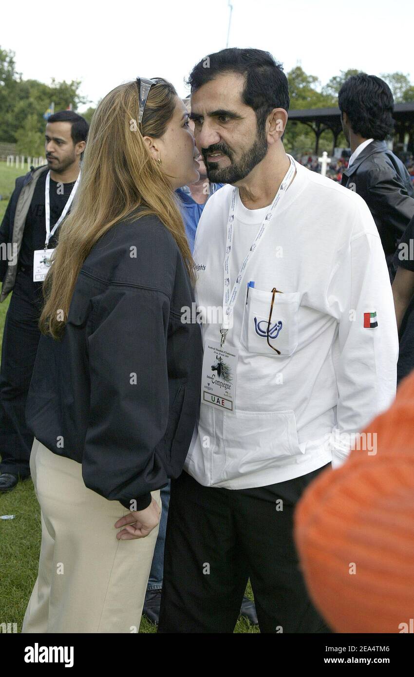 Sheikh Mohammed Al Maktoum and his wife princess Haya of Jordan arrive at the Horse Endurance European championship in Compiegne, France on August 25, 2005. Photo by Edouard Bernaux/ABACAPRESS.COM Stock Photo