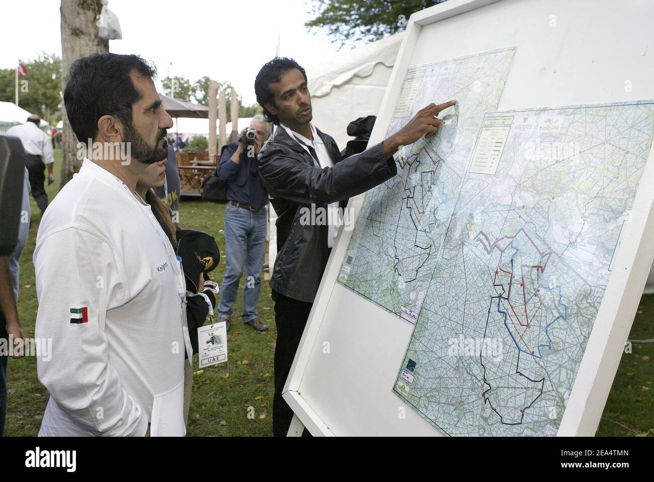 Sheikh Mohammed Al Maktoum watch the map of is upcoming 160 kms endurance race as part of the Horse Endurance European championship in Compiegne, France on August 25, 2005. Photo by Edouard Bernaux/ABACAPRESS.COM Stock Photo