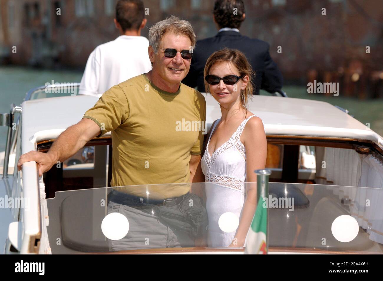 Harrison Ford and his girlfriend Calista Flockhart have fun on a Taxi Boat during the 62nd Venice Film Festival in Venice, Italy, on September 1, 2005. Photo by Lionel Hahn/ABACAPRESS.COM. Stock Photo