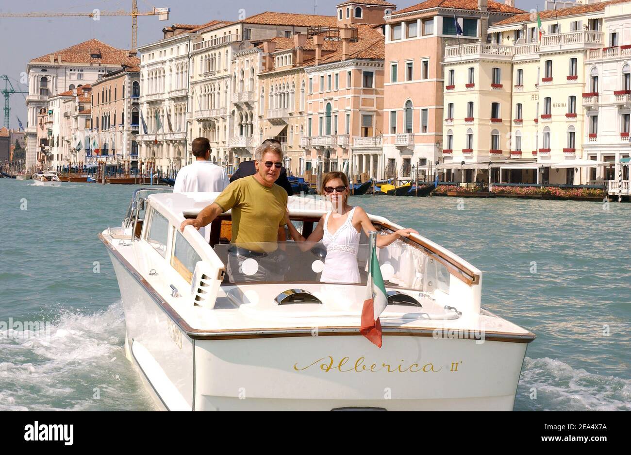 Harrison Ford and his girlfriend Calista Flockhart have fun on a Taxi Boat during the 62nd Venice Film Festival in Venice, Italy, on September 1, 2005. Photo by Lionel Hahn/ABACAPRESS.COM. Stock Photo