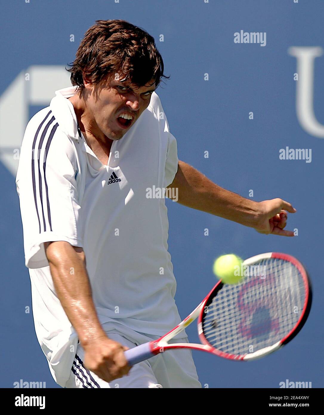 USA's Taylor Dent competes against Spain's Nicolas Almagro during the fifth day of competition at the 2005 US Open tennis tournament in Flushing Meadows, New York on September 2, 2005. Photo by William Gratz/ABACAPRESS.COM Stock Photo