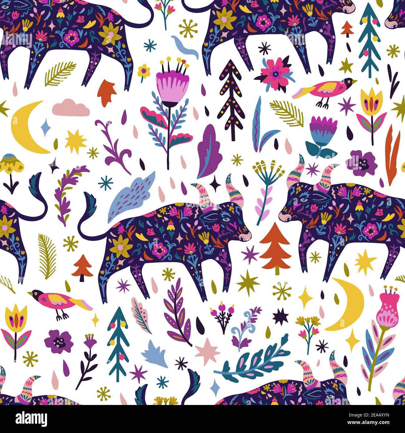 Colorful doodle seamless pattern with ox and flowers.  Stock Vector