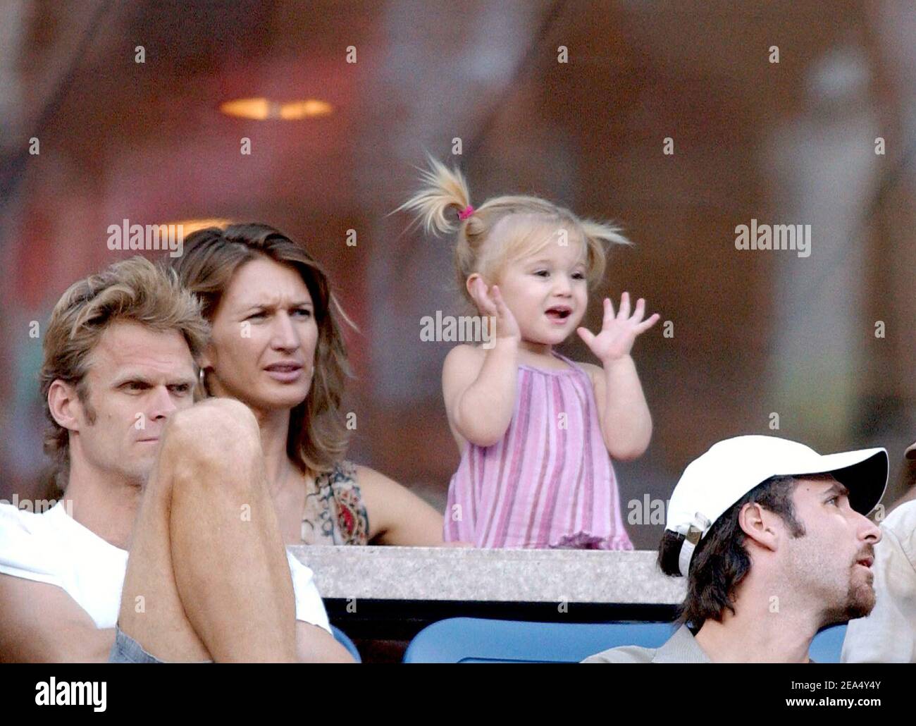 Steffi Graf and her daughter Jaz Elle Agassi support Andre Agassi during  his 3rd round matchup at the 2005 US Open tennis tournament, held at the  Arthur Ashe Stadium in Flushing Meadows,