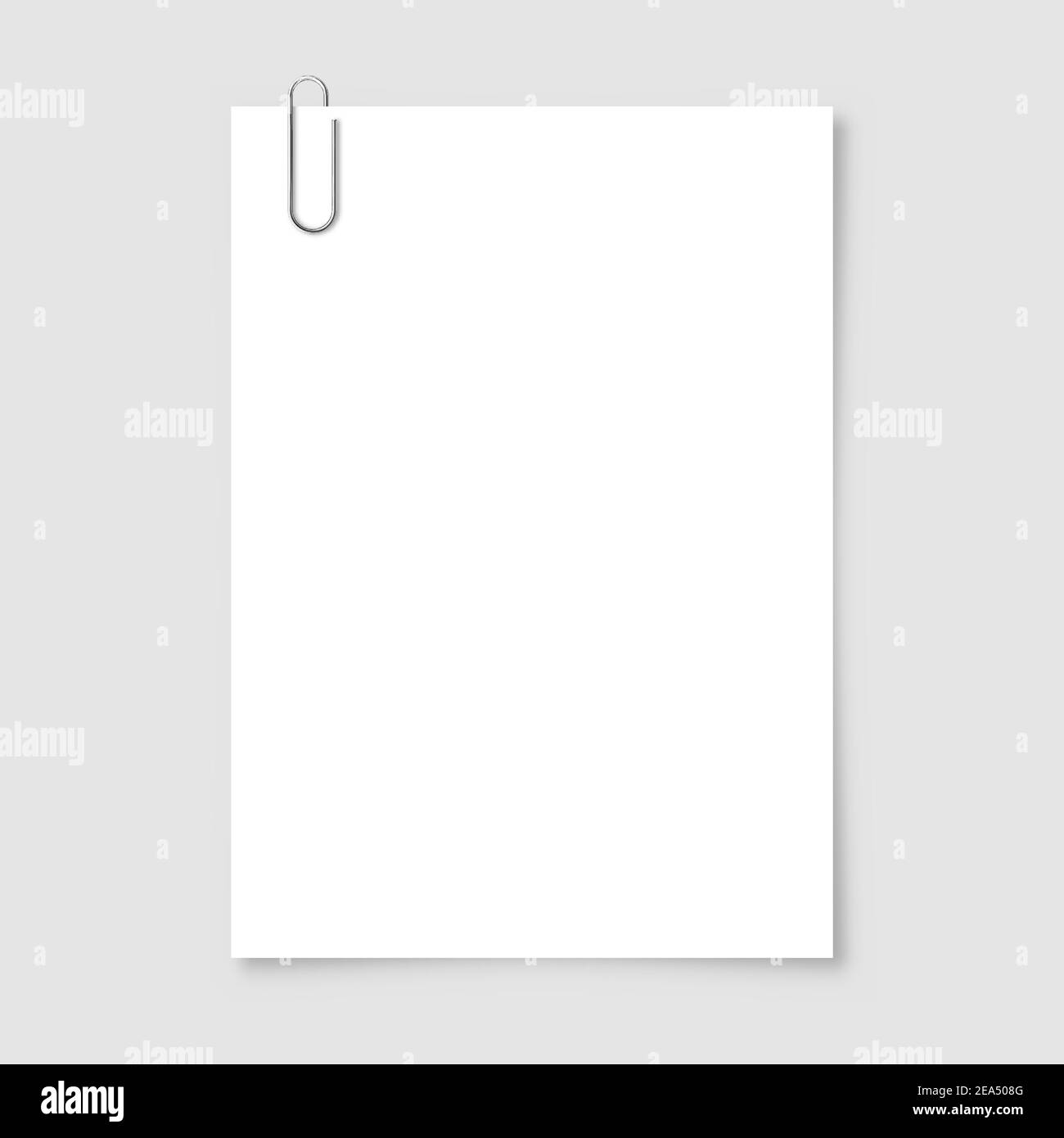 Realistic blank paper sheet in A4 format with metal clip, holder on gray background. Notebook