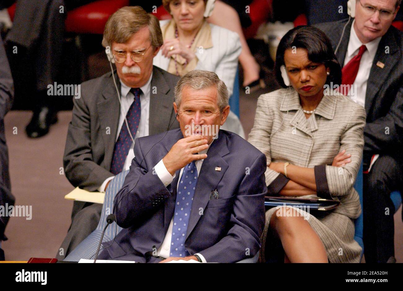 U.S. President George W. Bush, U.S. Secretary of State Condoleezza Rice and U.S. Ambassador to the U.N. John Bolton listen to the opening remarks during the United Nations' Security Council special meeting held during the United Nations' 60th anniversary and General Assembly opening ceremony in New York City, USA, on Wednesday September 14, 2005. Photo by Nicolas Khayat/ABACAPRESS.COM. Stock Photo