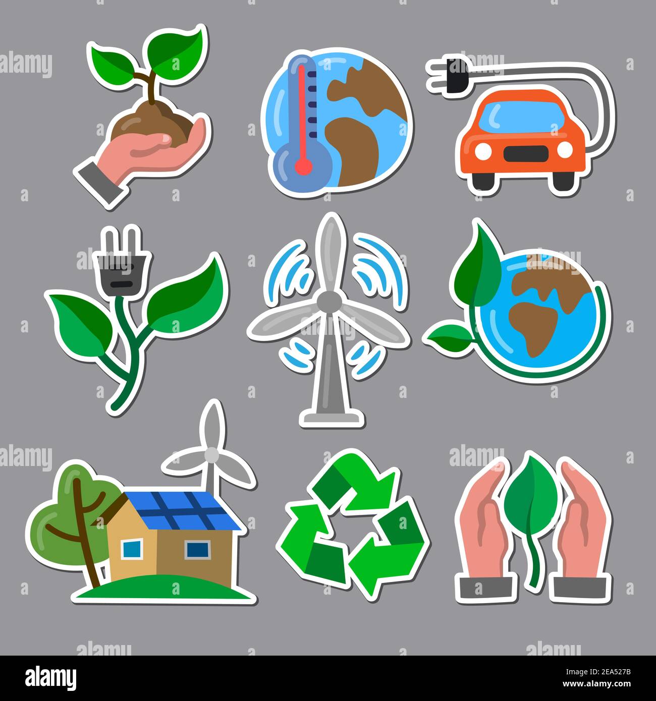 Simple Set of Eco flat colorful stickers. Contains such Icons as Electric Car, Global Warming, Forest, Organic Farming and more. Stock Vector