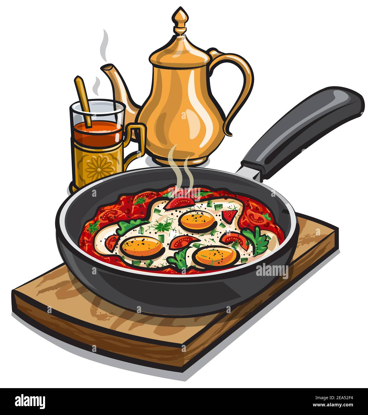 illustration of the shakshouka dish, scrambled eggs with tomatoes on the pan Stock Vector
